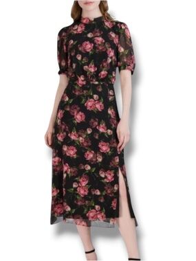 Julia Jordan Women’s Black Floral Print Puff Sleeve Midi Chiffon Dress